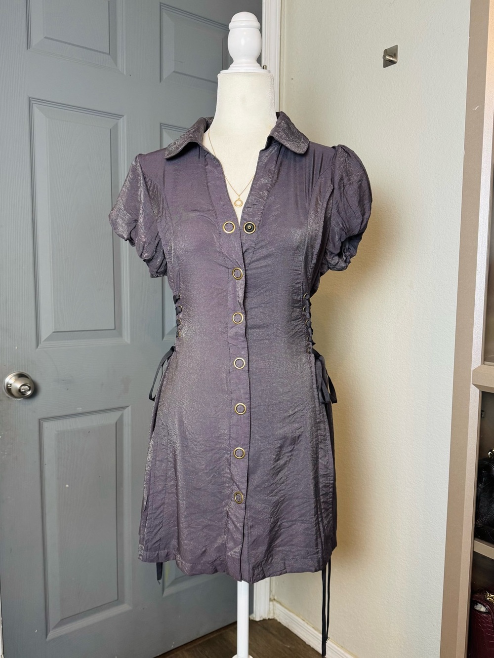 Y2K Shimmer Grey Corset Waist Mini Dress Short Puff Sleeve Lace Up Side
